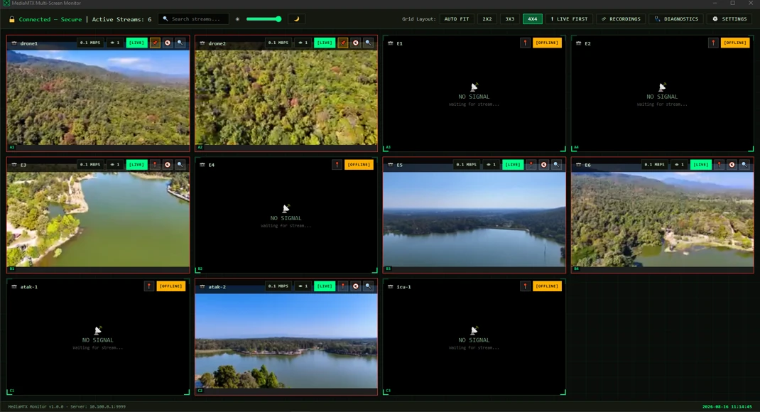 ภาพกริดกล้องใน MediaMTX Monitor